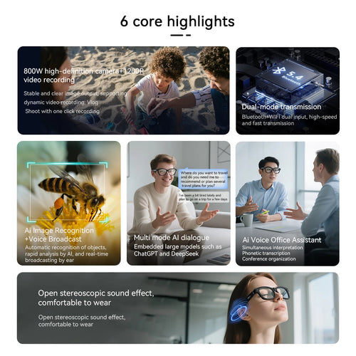 Lunettes connectées 4K IA avec caméra HD et appels Bluetooth
