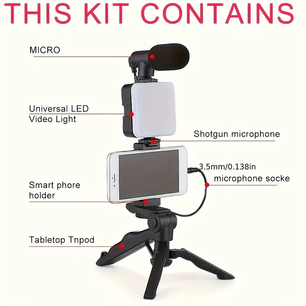 Kit vidéo VlogMaster avec trépied, lumière LED et microphone