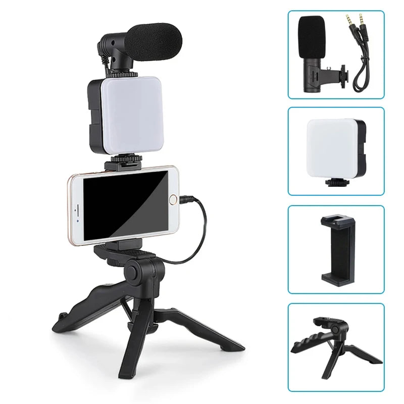 Kit vidéo VlogMaster avec trépied, lumière LED et microphone