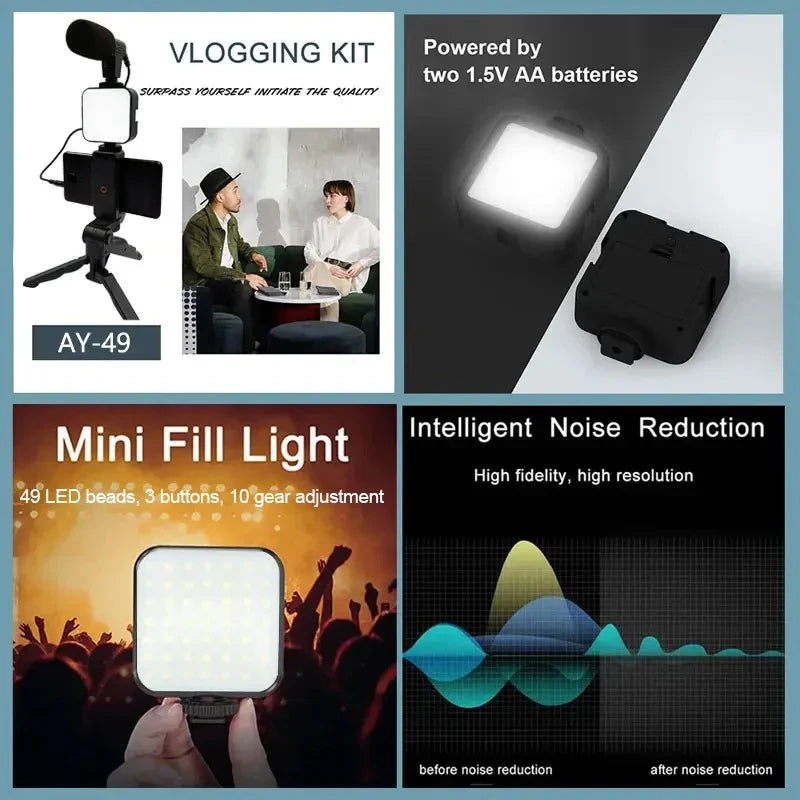 Kit vidéo VlogMaster avec trépied, lumière LED et microphone